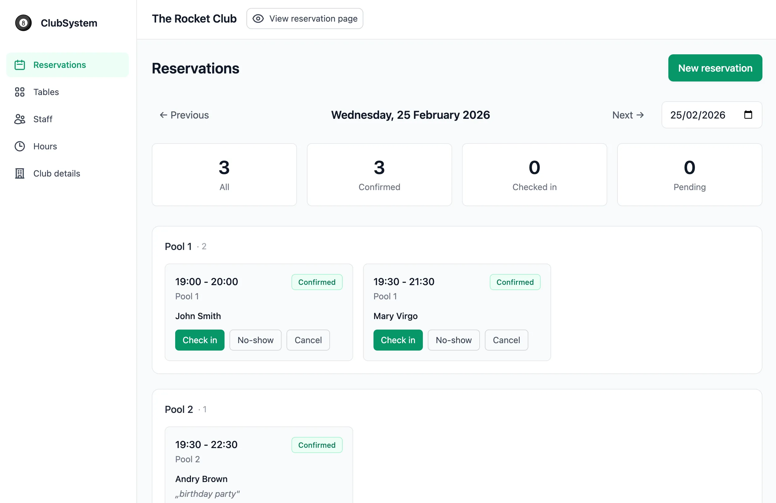 ClubSystem admin dashboard with reservations and table management
