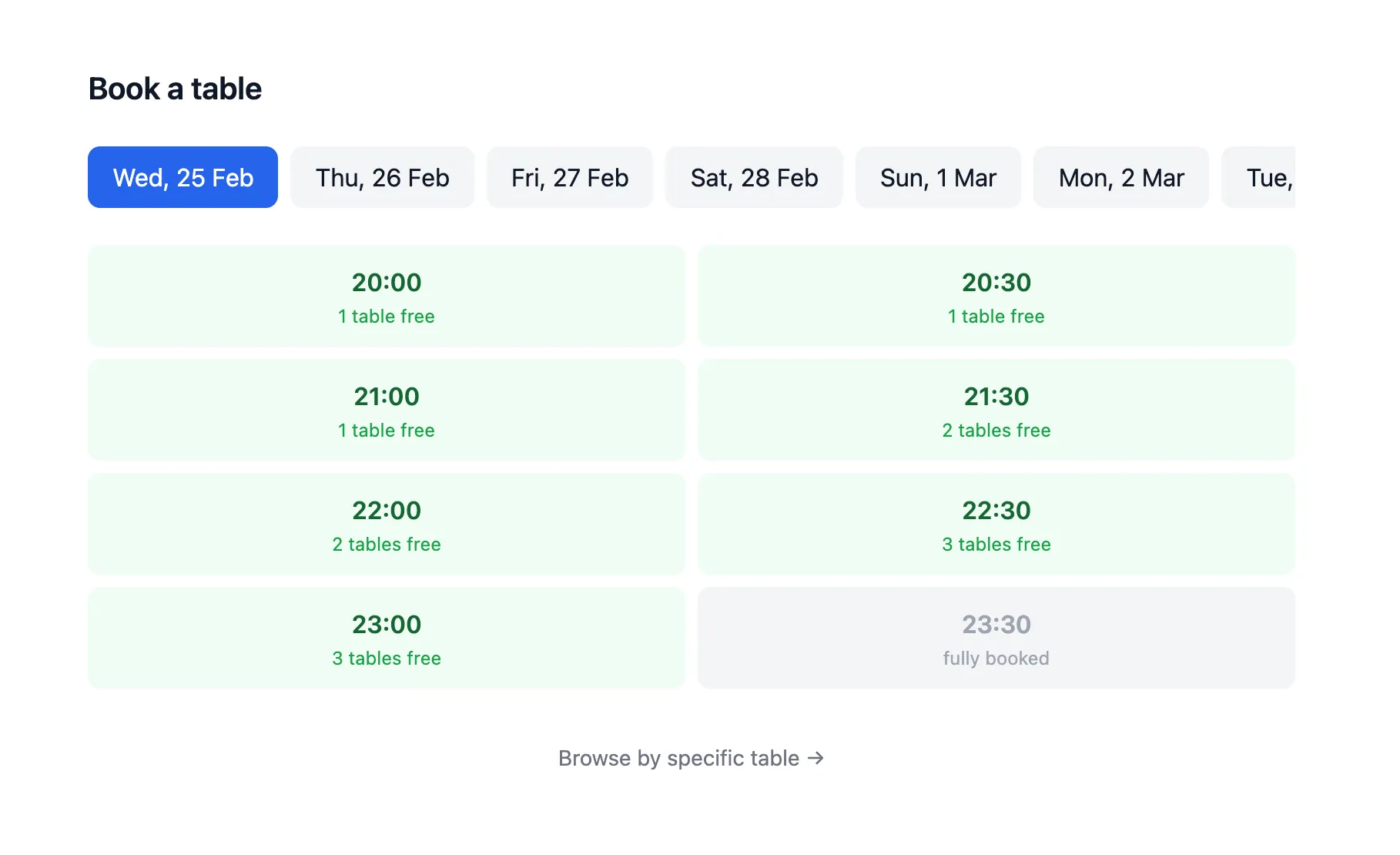 Customer booking flow with date and table selection in ClubSystem