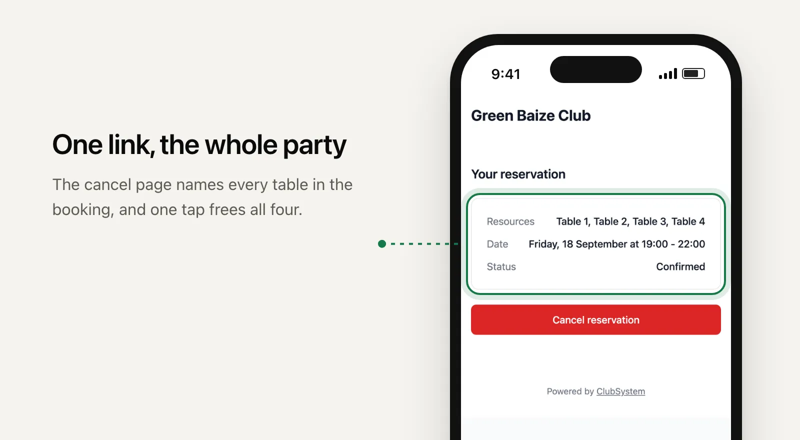 The guest's cancel page on a phone, listing Table 1, Table 2, Table 3 and Table 4 for a Friday evening booking, above a Cancel reservation button.
