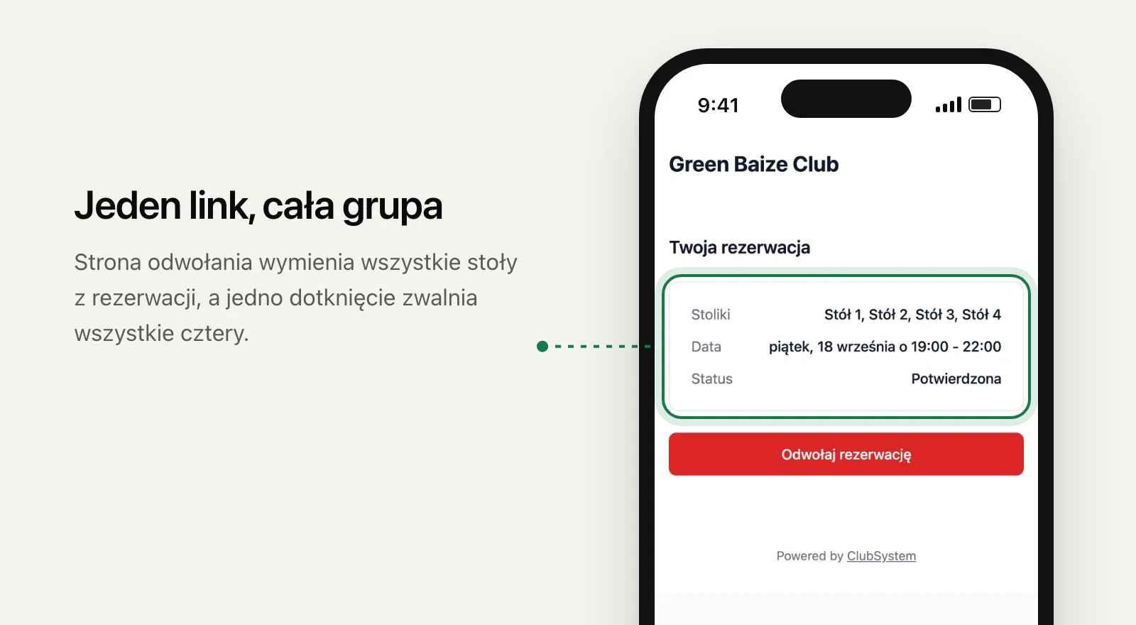 Strona odwołania rezerwacji na telefonie gościa: Stół 1, Stół 2, Stół 3 i Stół 4 w piątek wieczorem, nad przyciskiem Odwołaj rezerwację.