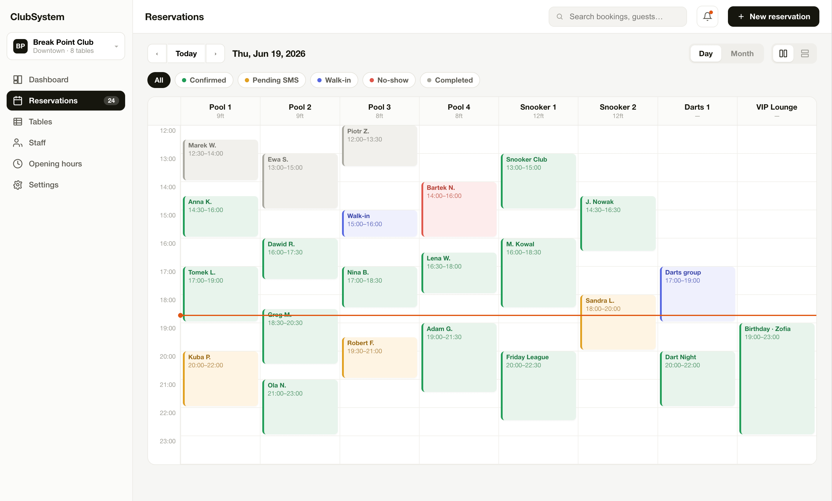 ClubSystem admin dashboard with live booking flow