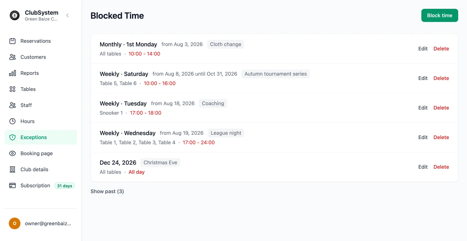 The Blocked Time list in the ClubSystem Admin Panel showing only upcoming rules, with a Show past (3) link underneath.