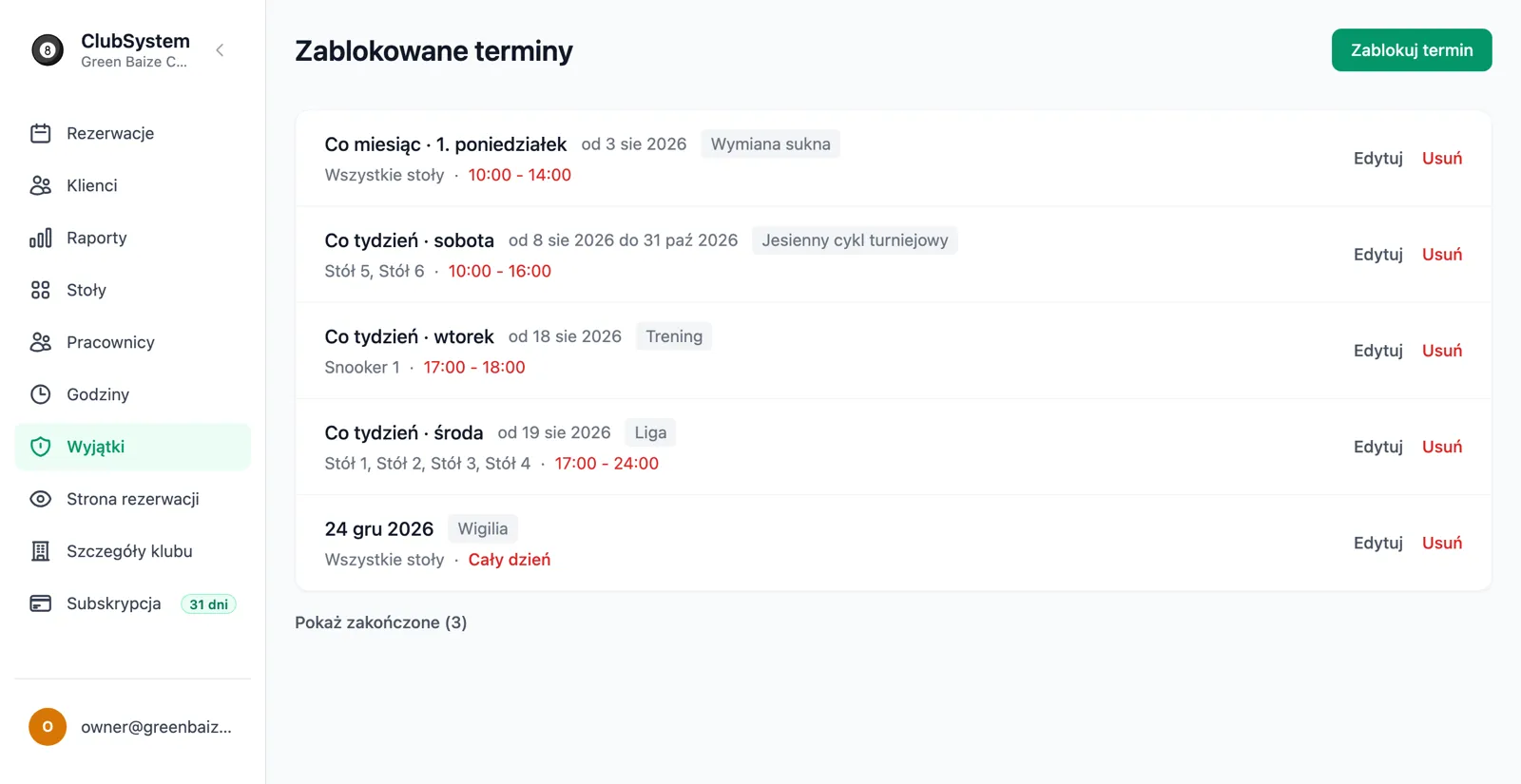 Lista zablokowanych terminów w panelu ClubSystem z samymi nadchodzącymi regułami i przyciskiem Pokaż zakończone (3) pod spodem.