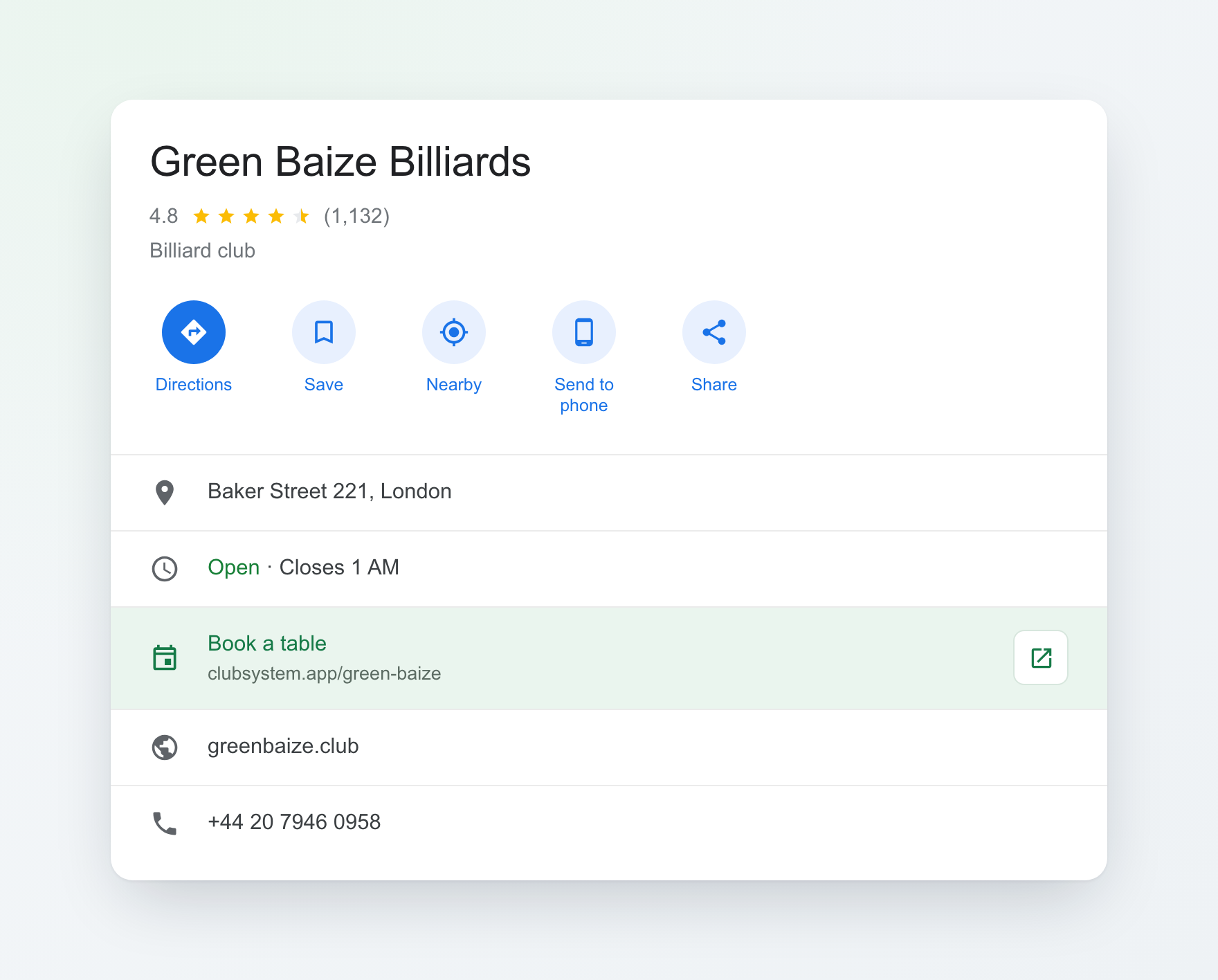Google Business Profile for a billiard club showing a "Book a table" link that opens the ClubSystem booking page