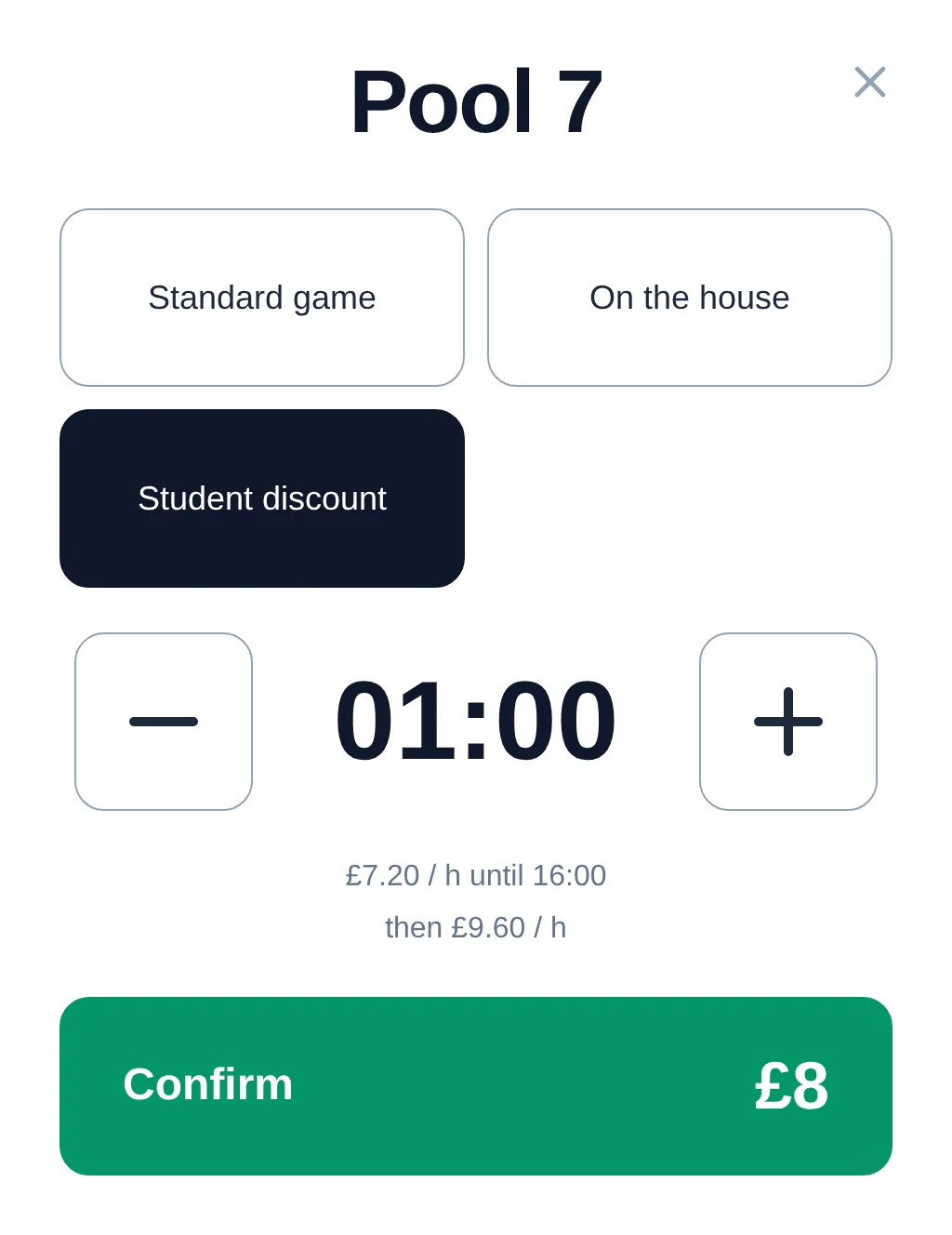 ClubSystem dialog for opening a table with duration, play mode and amount
