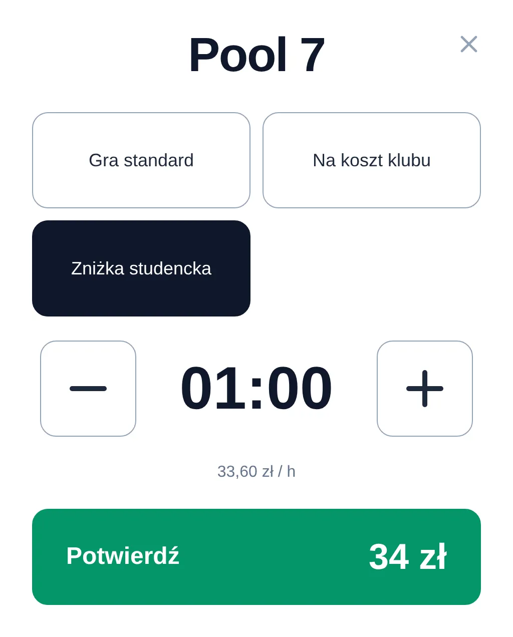 Okno otwierania stołu w ClubSystem z czasem gry, trybem gry i kwotą