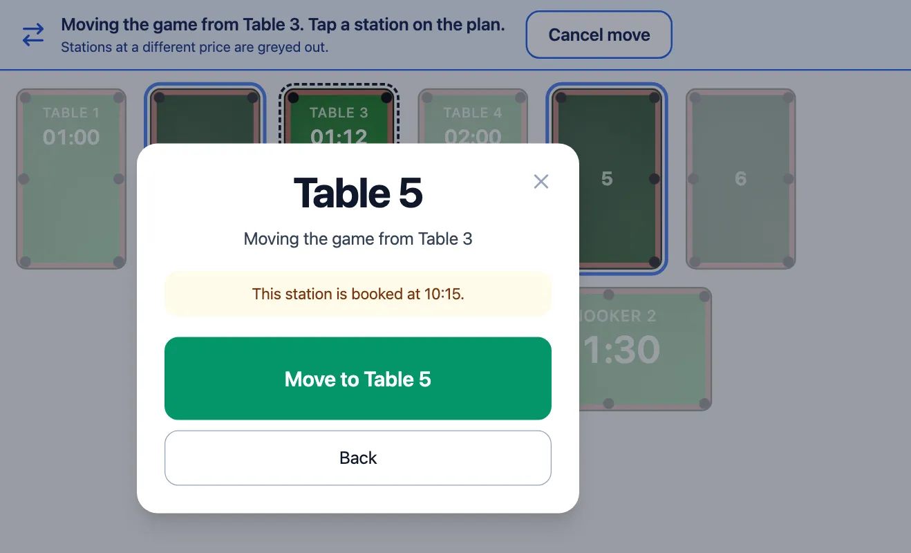 The confirmation for moving the game from Table 3 to Table 5, with the warning: This station is booked at 10:15.