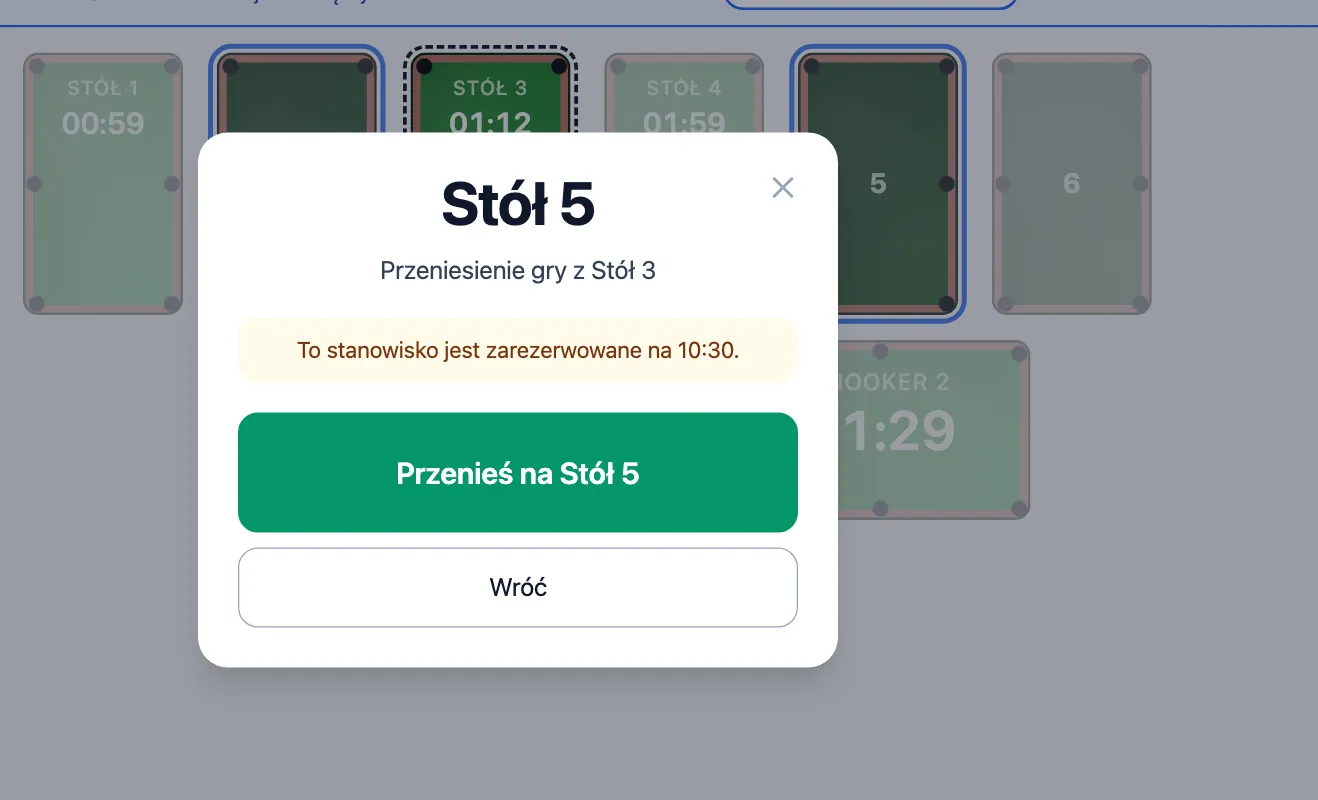 Okno potwierdzenia przeniesienia gry ze Stołu 3 na Stół 5 z ostrzeżeniem: To stanowisko jest zarezerwowane na 10:30.