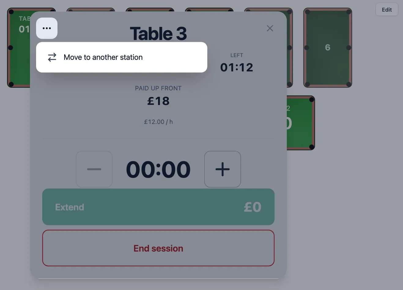 The dialog of a running game on Table 3 with the menu under the three-dot button open, showing Move to another station.