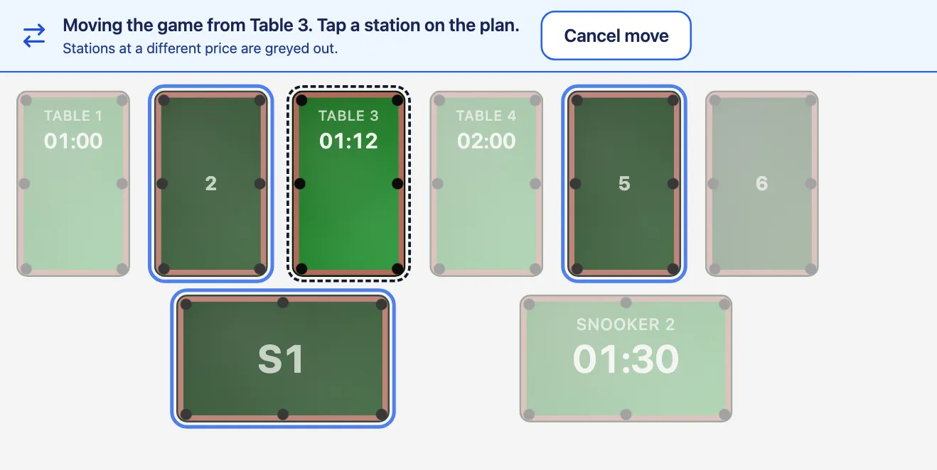 The floor plan while a game is moved from Table 3: free tables at the same price are ringed in blue, the rest are faded.