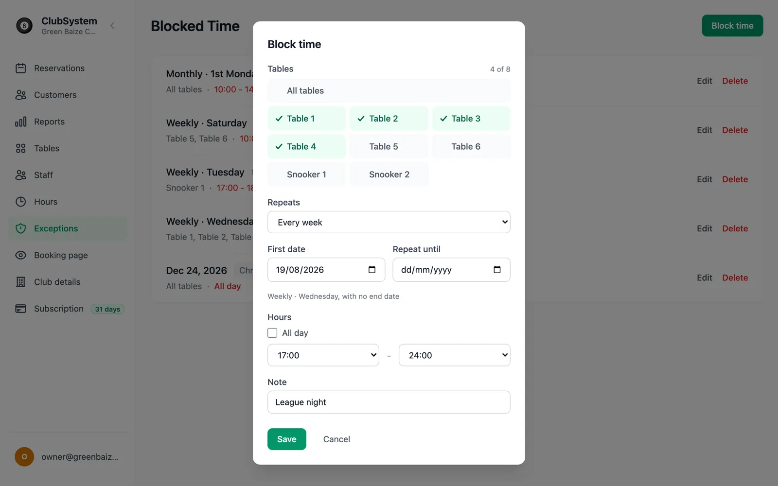 The Block time form in the ClubSystem Admin Panel: tables 1 to 4 selected, repeating every week from 19 August 2026 with no end date, blocked from 17:00 to 24:00, with the note League night.