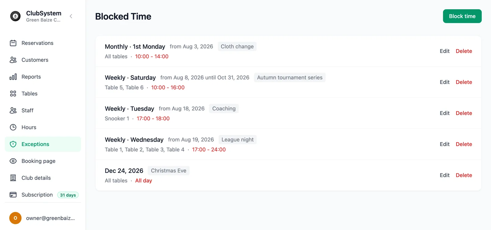 The Blocked Time list in the ClubSystem Admin Panel: a monthly cloth change, a Saturday tournament series ending 31 October, weekly coaching on Snooker 1, the Wednesday league night and a one-off Christmas Eve closure.