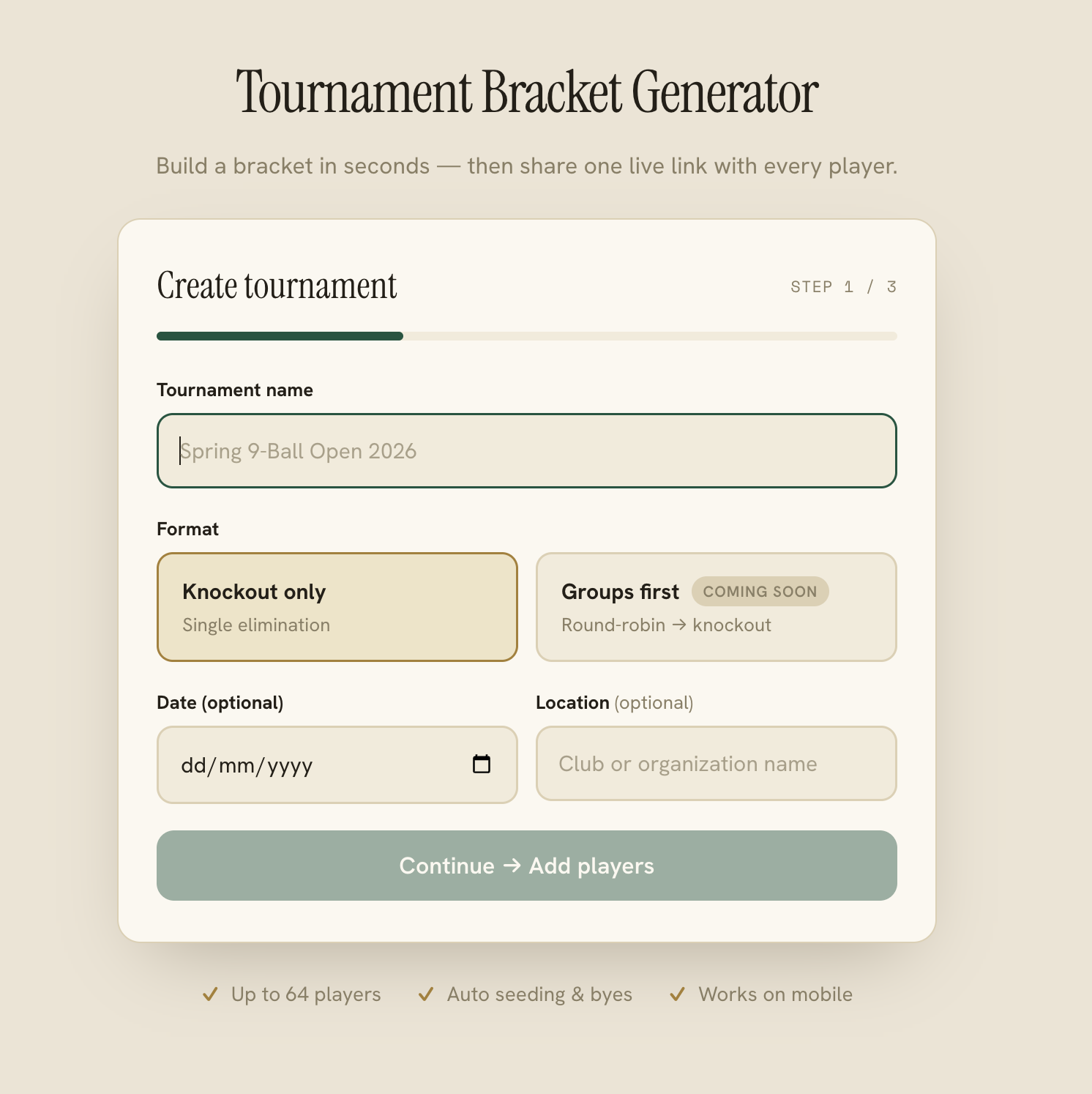 The Create tournament screen in ClubSystem — naming the event, choosing the knockout format, and setting an optional date and location.